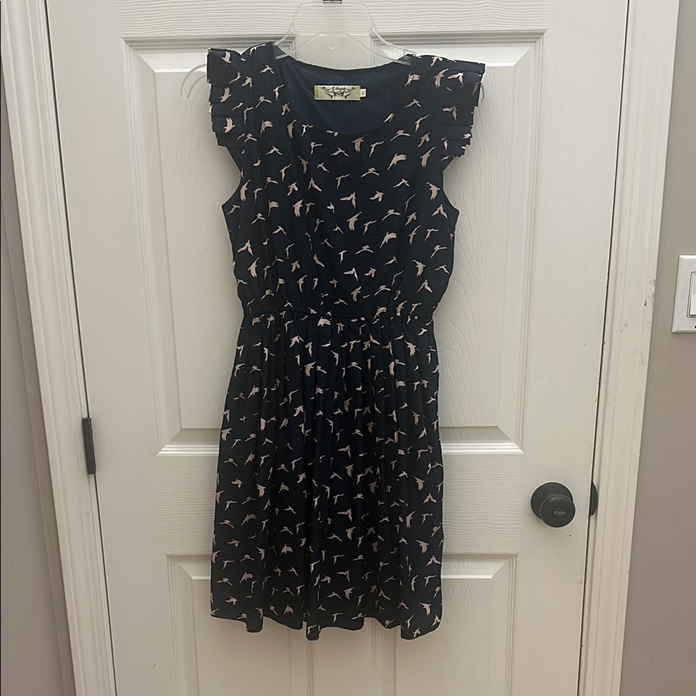 Elegant Navy Bird Print Mini Dress